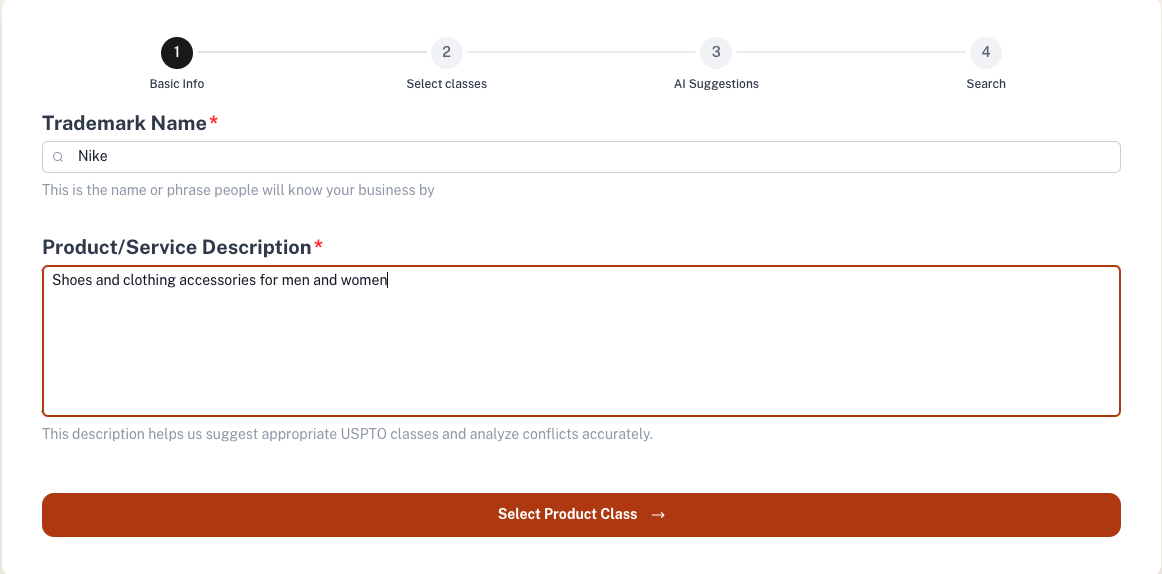 Zylmark form for entering a proposed trademark name and a product or service description