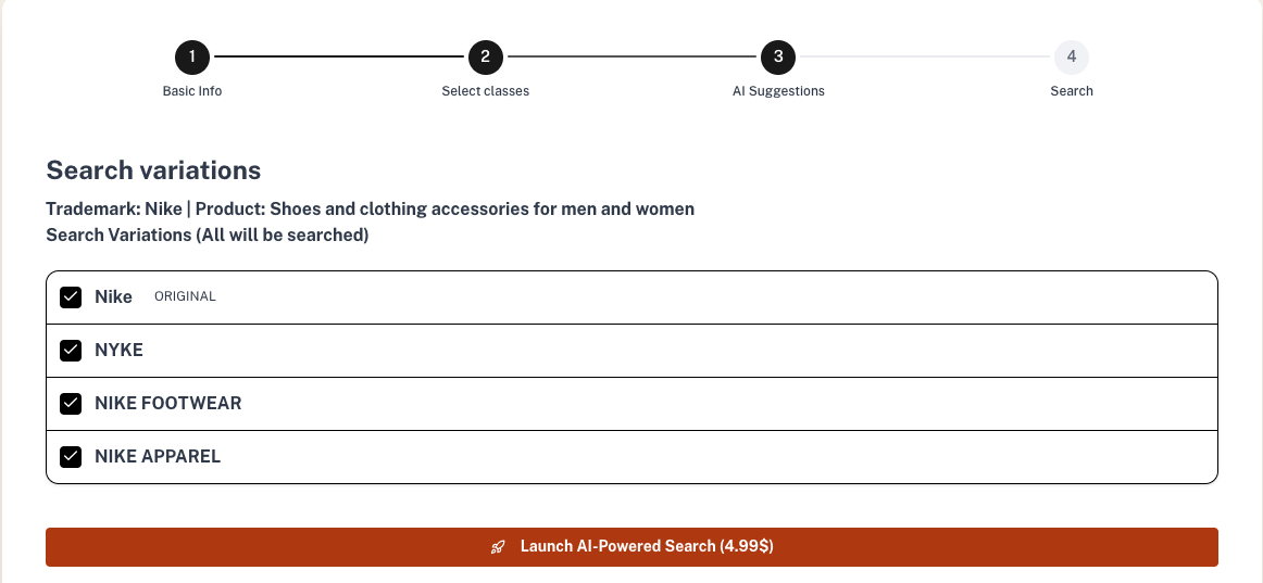 Zylmark interface showing an original trademark name and generated search variations