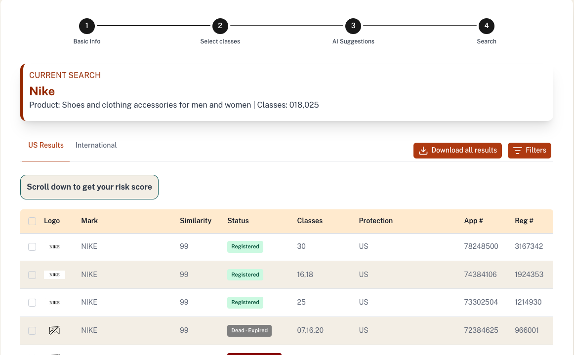 Zylmark trademark search results showing similarity, status, classes, jurisdiction, and record numbers