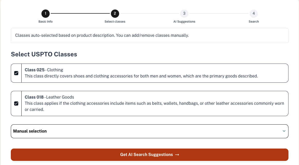 Zylmark interface showing suggested USPTO trademark classes for review